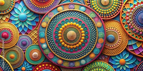 A kaleidoscope of vibrant circular patterns with intricate details and a captivatingly eclectic color scheme, creating a mesmerizing visual experience.