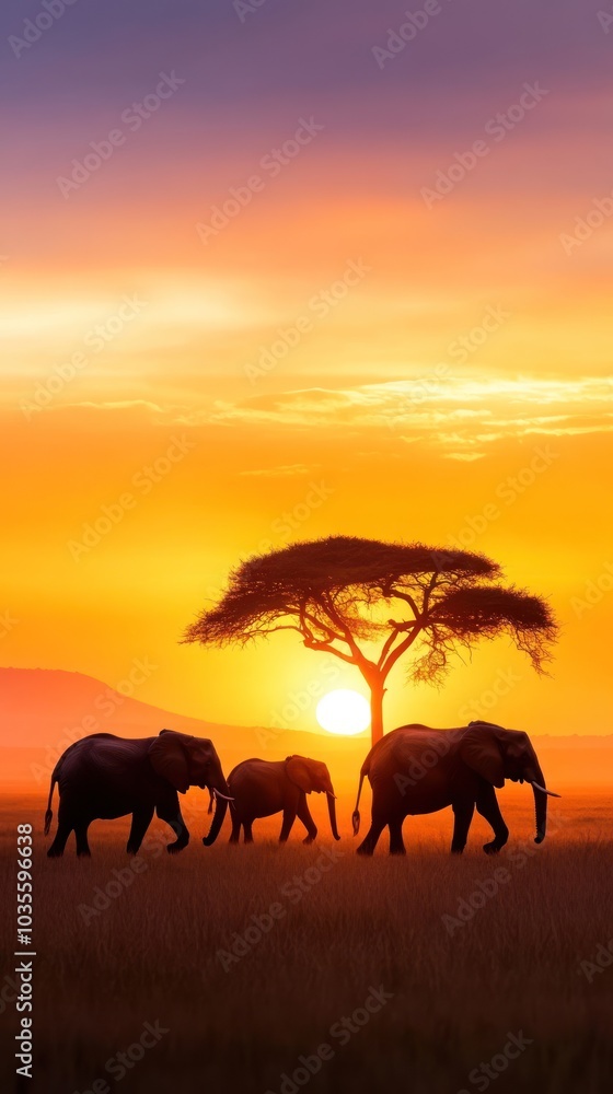 Fototapeta premium A serene sunset scene with elephants walking beneath a silhouette of a tree, capturing the essence of wildlife in nature.