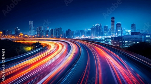 Urban Nightscape, a vibrant highway scene with a sleek roadway, illuminated city skyline in the background, dynamic light trails and motion blur creating energy and movement.