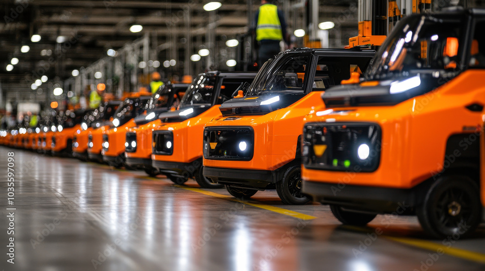 Automated industrial vehicles lined up in modern warehouse, showcasing advanced technology and efficiency in logistics. vibrant orange color adds dynamic touch to scene Automated industrial vehicles lined up in modern warehouse, showcasing advanced technology and efficiency in logistics. vibrant orange color adds dynamic touch to scene