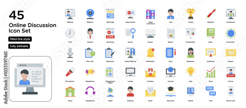 Online Discussion Flat Icon Set: Group Chats, Virtual Panels, and Interactive Learning Icons