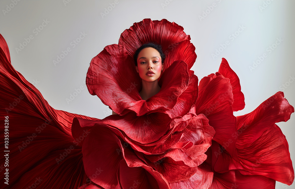 Fashion editorial Concept. Pretty woman of high fashion couture tulle flowing conceptual and pleats petal like red dress. illuminated dynamic composition dramatic lighting. copy text space Fashion editorial Concept. Pretty woman of high fashion couture tulle flowing conceptual and pleats petal like red dress. illuminated dynamic composition dramatic lighting. copy text space
