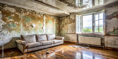 A worn leather couch sits in a room with peeling walls and a large window overlooking a green landscape. The room is filled with natural light, highlighting the faded grandeur of the space. photo