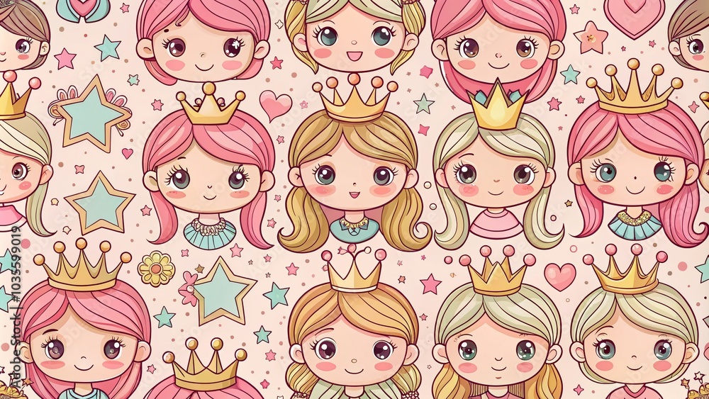 Adorable Princesses and Pink Crowns Seamless Pattern for Fairy Tale Designs Adorable Princesses and Pink Crowns Seamless Pattern for Fairy Tale Designs