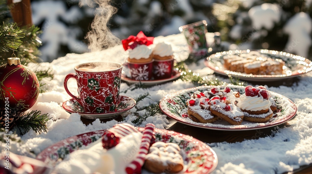 Friends laughing around a snow-covered table outdoors, mugs of cocoa steaming and holiday treats arranged on festive plates Friends laughing around a snow-covered table outdoors, mugs of cocoa steaming and holiday treats arranged on festive plates