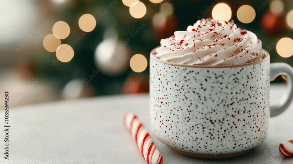 Hot cocoa with whipped cream and candy canes, sitting by a Christmas tree