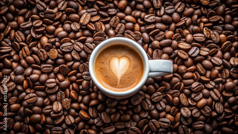 A single cup of coffee with a heart-shaped latte art design, nestled amidst a sea of roasted coffee beans, a testament to the simple pleasures of life. A single cup of coffee with a heart-shaped latte art design, nestled amidst a sea of roasted coffee beans, a testament to the simple pleasures of life.