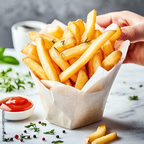 Delicious golden French fries served in a paper cup, perfect for snacks and sides, accompanied by a rich tomato dipping sauce. photo