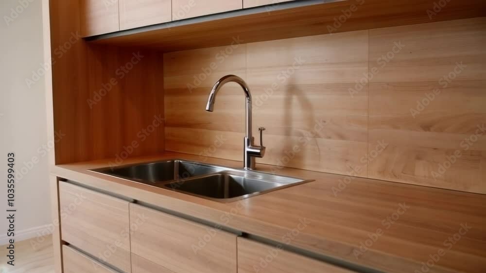 A modern kitchen showcasing a wooden counter with a sleek sink, emphasizing cleanliness and minimalistic design.