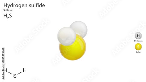 Molecule of Hydrogen sulfide (H2S) is a colorless, flammable gas with a pungent odor resembling rotten eggs. It is used the synthesis of sulfur and as a reducing agent. White background. 3D rendering