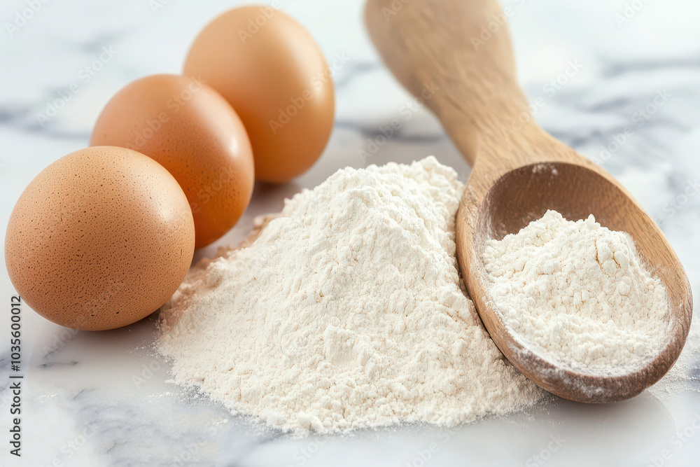 Fresh eggs flour on marble kitchen countertop for baking Fresh eggs flour on marble kitchen countertop for baking