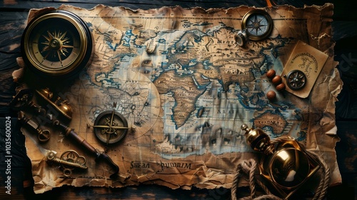 map of treasures on dark wooden background