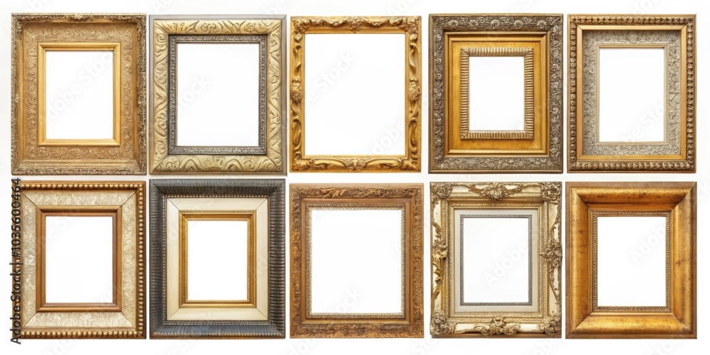 Collection of Ornate Gold Picture Frames with Blank Canvas Ready for Artwork Collection of Ornate Gold Picture Frames with Blank Canvas Ready for Artwork