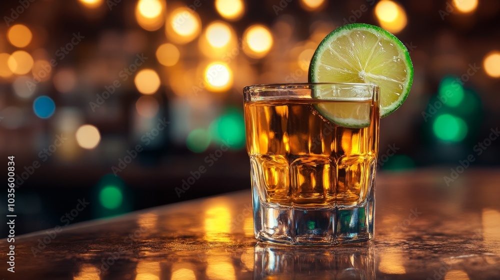Sip into the Night: A Glass of Tequila Garnished with a Fresh Lime in Cozy Atmosphere Sip into the Night: A Glass of Tequila Garnished with a Fresh Lime in Cozy Atmosphere