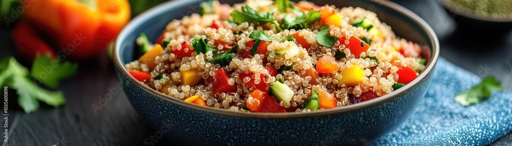A bowl of quinoa salad, filled with healthy vegetables and seeds for a nutritious meal A bowl of quinoa salad, filled with healthy vegetables and seeds for a nutritious meal