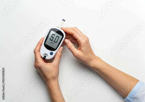 Person measuring blood glucose level with a glucose meter in a well-lit setting at home during the day