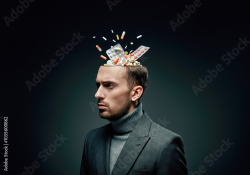 A man in formal attire standing with an open head, surrounded by an assortment of colorful pills and tablets in a dimly lit setting photo