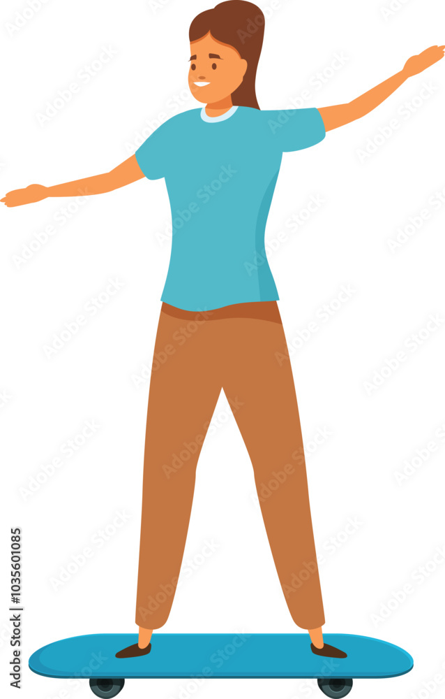 Cheerful young woman rides a blue skateboard with her arms outstretched, enjoying the feeling of freedom and movement Cheerful young woman rides a blue skateboard with her arms outstretched, enjoying the feeling of freedom and movement