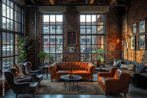 Stylish urban living room featuring a mix of vintage leather seating and modern decor, bathed in warm light from large windows.