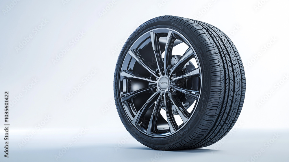 Fototapeta premium Black Alloy Wheel with Tire Isolated on White Background