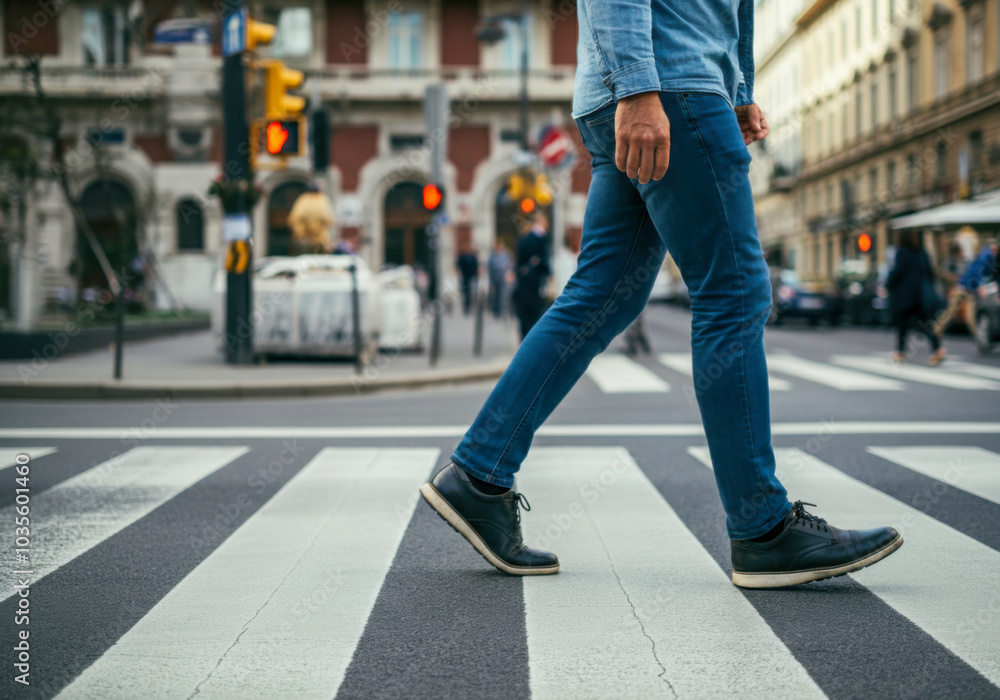 A person crossing a busy street in a city during the day, showcasing urban life and pedestrian movement A person crossing a busy street in a city during the day, showcasing urban life and pedestrian movement