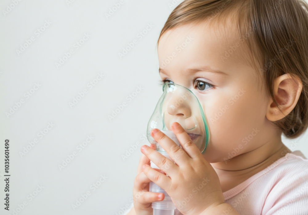 A toddler using a nebulizer in a bright indoor setting, focusing on health treatment and care during the afternoon A toddler using a nebulizer in a bright indoor setting, focusing on health treatment and care during the afternoon
