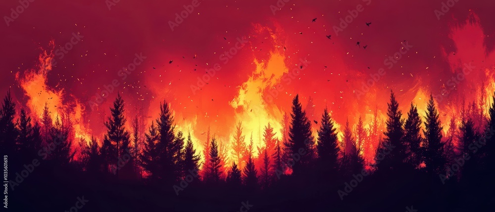 A dramatic depiction of a forest fire with flames and smoke, showcasing the power of nature's destructive forces. A dramatic depiction of a forest fire with flames and smoke, showcasing the power of nature's destructive forces.