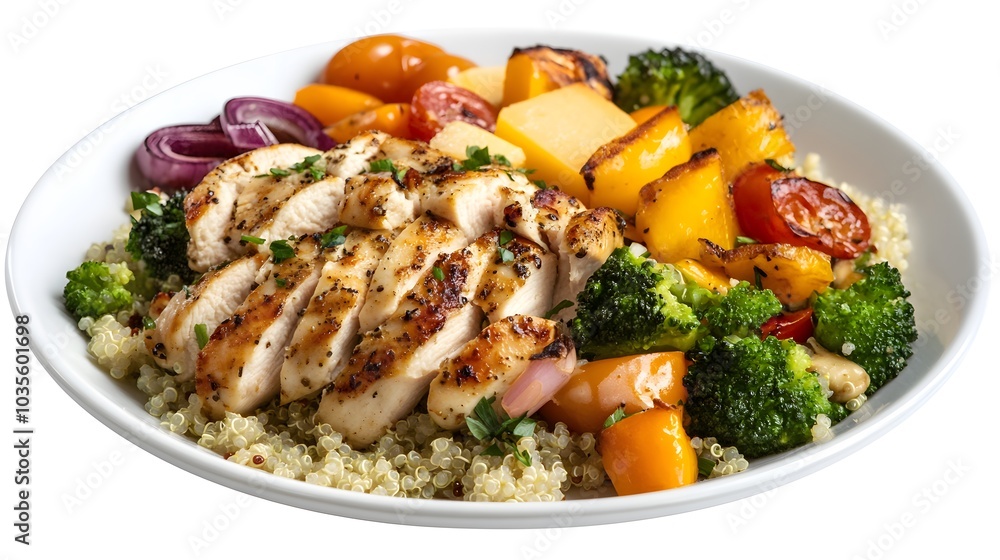 A white plate with grilled chicken, quinoa, and vegetables on it. A white plate with grilled chicken, quinoa, and vegetables on it.