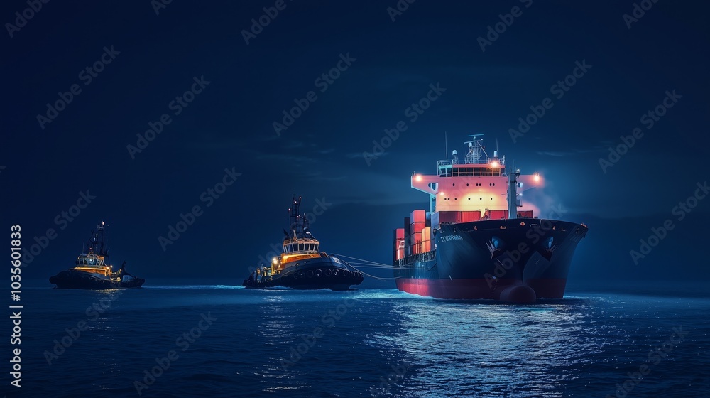 Fototapeta premium Cargo Ship Guided by Tugboats in Harbor at Night