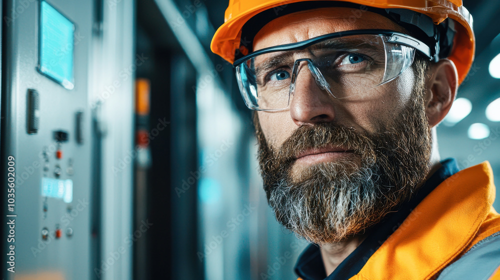 Experienced electrical technician in safety gear, focused and attentive while working in industrial environment. His protective equipment ensures safety during electrical tasks Experienced electrical technician in safety gear, focused and attentive while working in industrial environment. His protective equipment ensures safety during electrical tasks