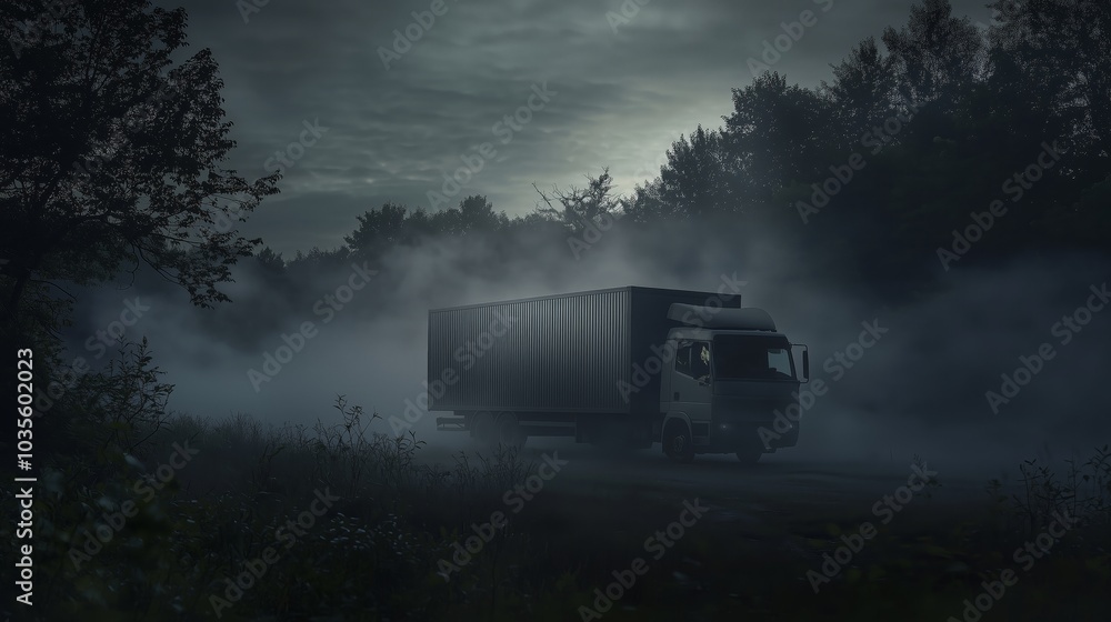 Delivery Truck Driving Through Foggy Forest Delivery Truck Driving Through Foggy Forest