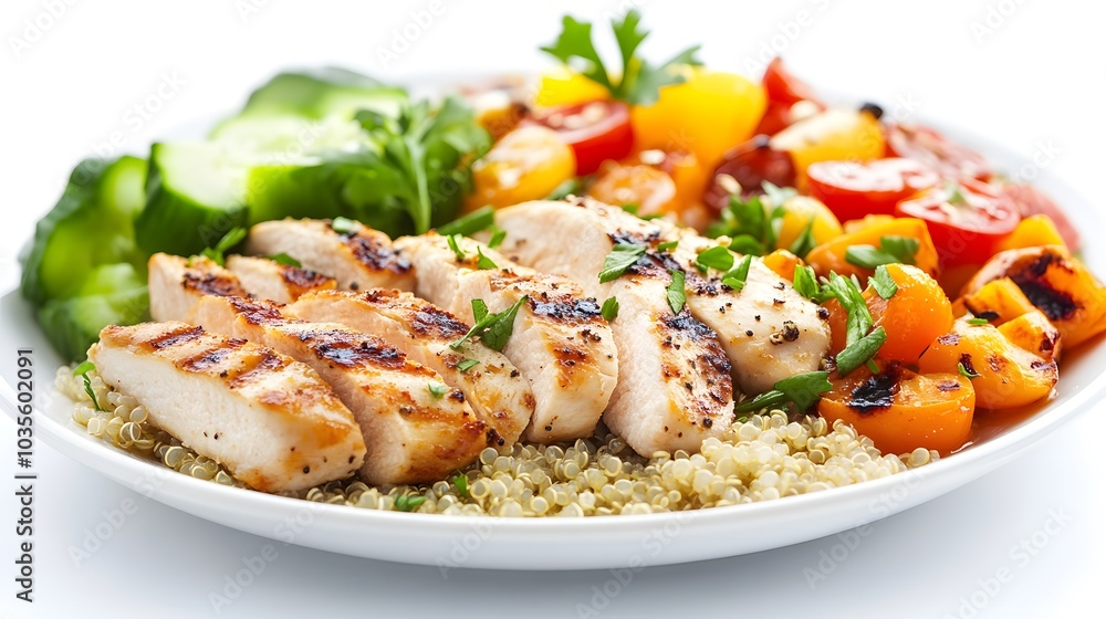 A white plate with grilled chicken, quinoa, and vegetables on it. A white plate with grilled chicken, quinoa, and vegetables on it.