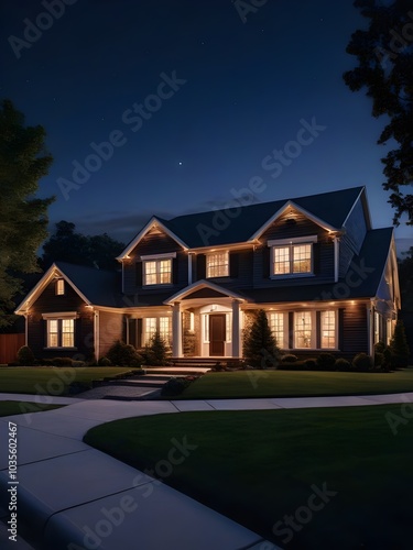 Wallpaper Mural Nighttime View of a Suburban Home with Lights On. Generative AI Torontodigital.ca