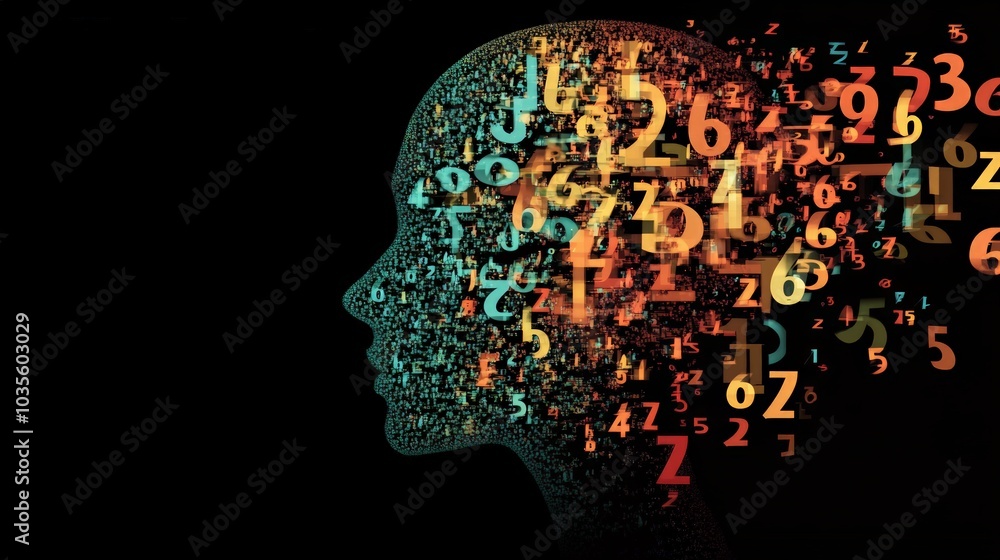 Person's head filled with vibrant, swirling numbers, symbolizing thoughts and ideas, representing the complexity of human cognition and the digital age's influence on creativity Person's head filled with vibrant, swirling numbers, symbolizing thoughts and ideas, representing the complexity of human cognition and the digital age's influence on creativity