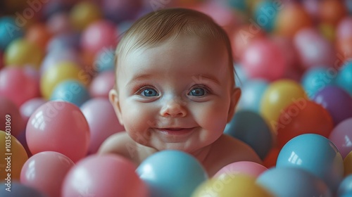 a joyful baby playing amidst colorful balls in a ball pit capturing the essence of childhood happiness and carefree fun within a bright and playful environment