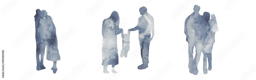 Obraz premium Silhouette of people set. man, woman, child. a family. isolated. watercolor illustration