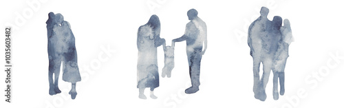 Silhouette of people set. man, woman, child. a family. isolated. watercolor illustration