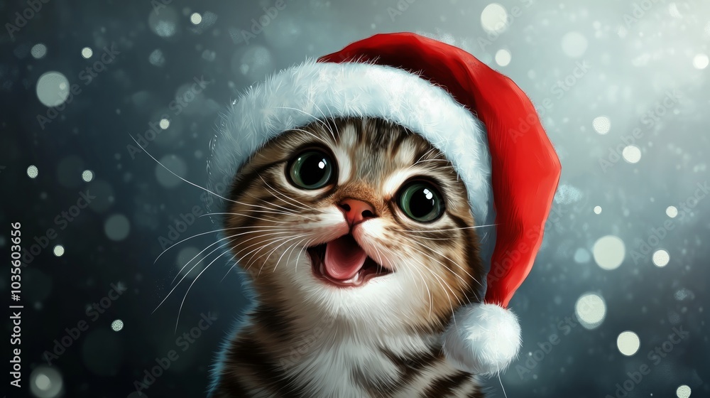 A cute kitten wearing a Santa hat, smiling joyfully against a snowy background. A cute kitten wearing a Santa hat, smiling joyfully against a snowy background.