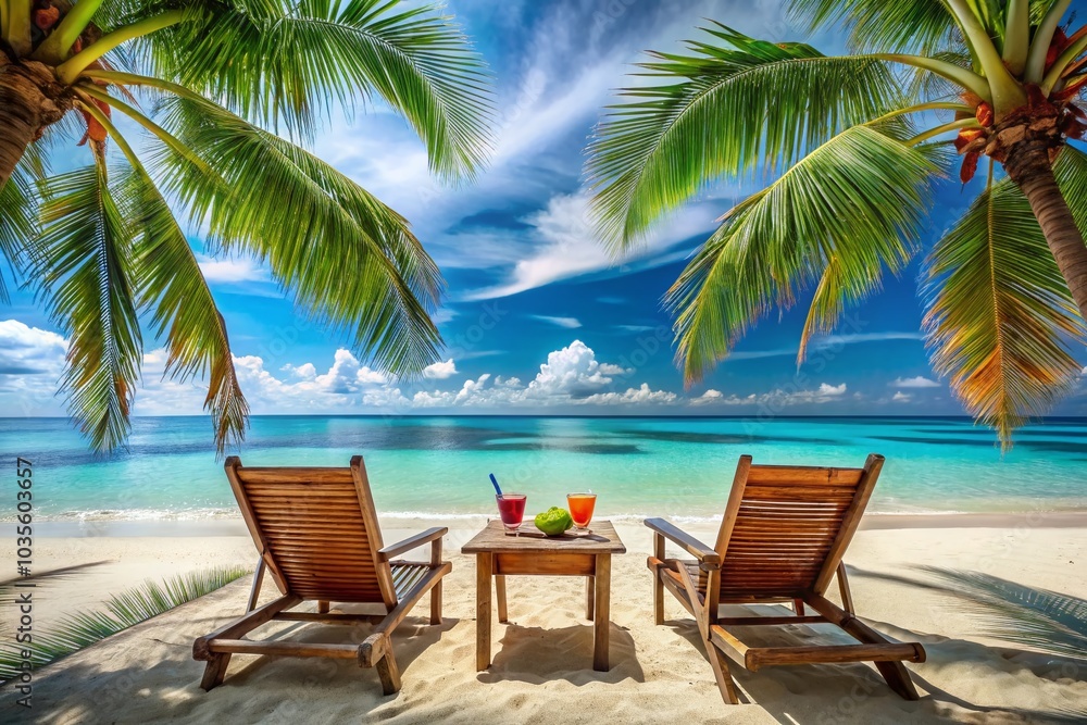 Tropical Beach Chairs with Cocktails Overlooking Crystal Clear Sea - Relaxing Paradise Scene Tropical Beach Chairs with Cocktails Overlooking Crystal Clear Sea - Relaxing Paradise Scene