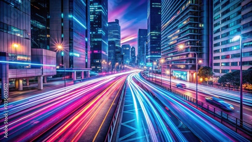 A captivating night cityscape with streaks of colorful light trails illuminating the bustling highway, showcasing the energy and vibrancy of modern urban life.