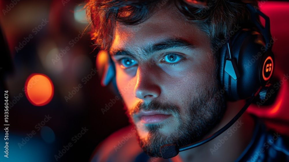 A young man with striking blue eyes and a beard concentrates on his game while wearing headphones in a vibrant esports arena, illuminated by colorful lights. A young man with striking blue eyes and a beard concentrates on his game while wearing headphones in a vibrant esports arena, illuminated by colorful lights.