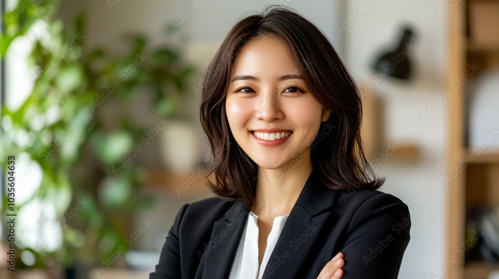 Confident businesswoman smiling with crossed arms, against a modern office background, showcasing professionalism and success. Confident businesswoman smiling with crossed arms, against a modern office background, showcasing professionalism and success.