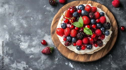 A delicious cake topped with fresh berries on a wooden platter, perfect for dessert.