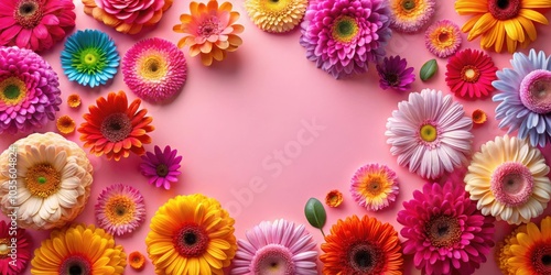 A vibrant array of colorful blossoms arranged in a circular frame, creating a captivating floral design on a soft pink background.