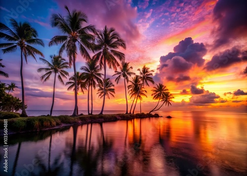 Tropical Paradise Sunset with Palm Tree Silhouette over Ocean - Long Exposure Photography