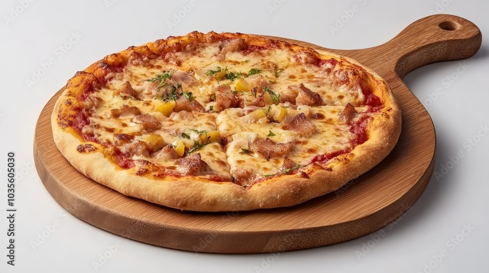 A delicious pizza topped with cheese, meats, and vegetables, presented on a wooden serving board, perfect for sharing and enjoying with friends. A delicious pizza topped with cheese, meats, and vegetables, presented on a wooden serving board, perfect for sharing and enjoying with friends.