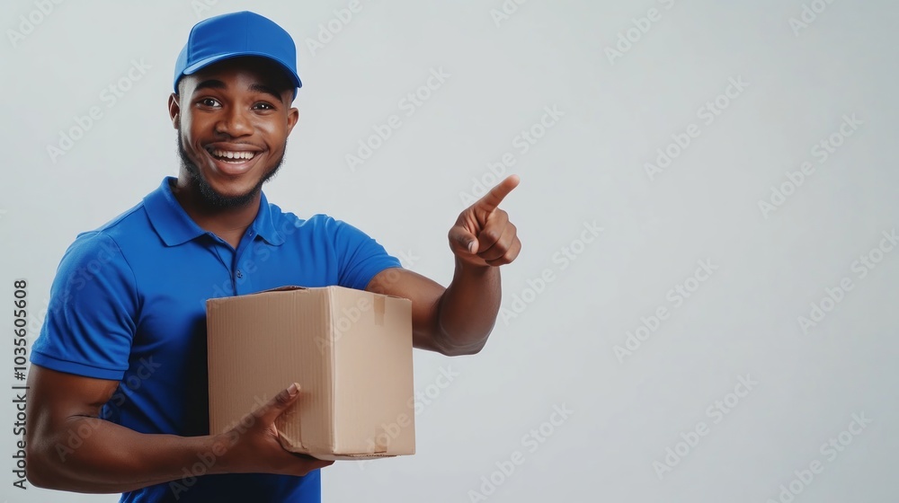 A delivery person smiling while holding a package and pointing, suggesting readiness to assist. A delivery person smiling while holding a package and pointing, suggesting readiness to assist.