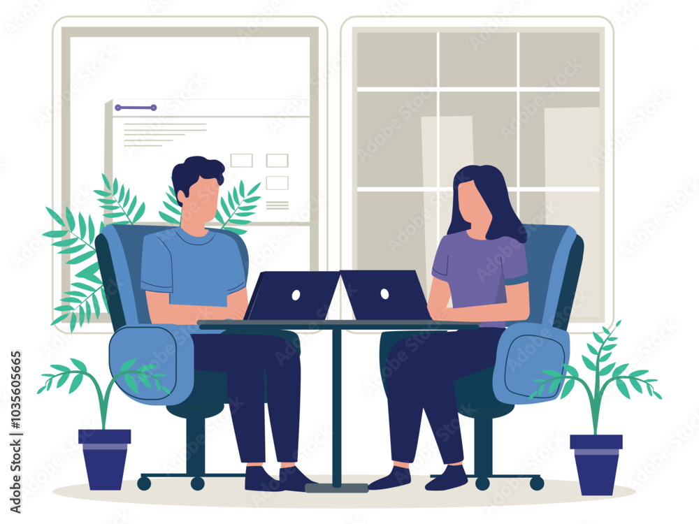 Two people sitting with laptops - People in office sitting in char working on computers together in office. Flat illustration. Two people sitting with laptops - People in office sitting in char working on computers together in office. Flat illustration.