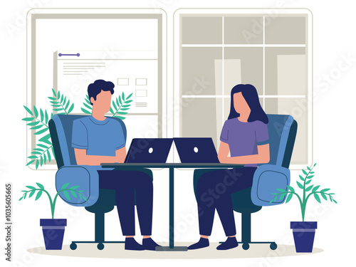 Two people sitting with laptops - People in office sitting in char working on computers together in office. Flat illustration.