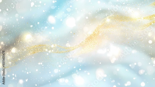 The image is a light blue and gold background with bokeh and glitter. A light blue background with a stream of gold glitter and white bokeh.